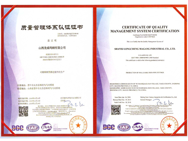 山西龙成玛钢IOS9001认证证书